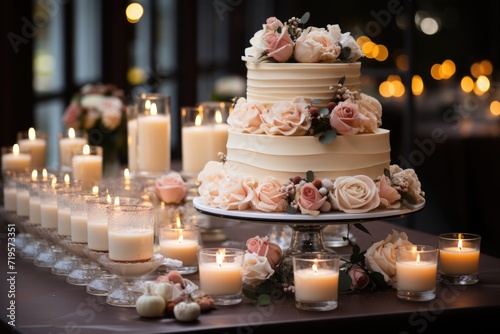 Beautiful white wedding cake with different desserts in cups in the tale, generative IA