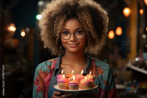 Sweet dose of female sweet tooth with Afro hair, holding a delicious sweet cake on, generative IA