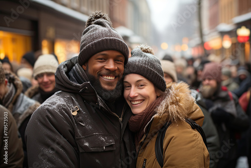  Happy man and a woman stand close together, smiling at the camera on crowded town street. They are both wearing winter coats and hats.