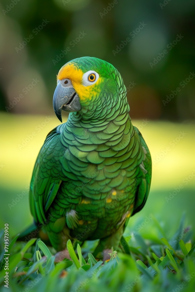 Obraz premium A amazon parrot in a green field in a photo captured from a distance with a blurred background. Parrot alone on a field of green grass and looking curious with soft sunlight in late afternoon.