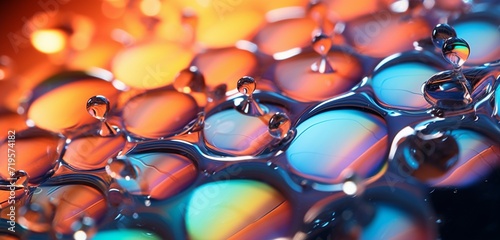 A close-up image of water drops on glass, with colorful light rays passing through, forming a mesmerizing abstract pattern