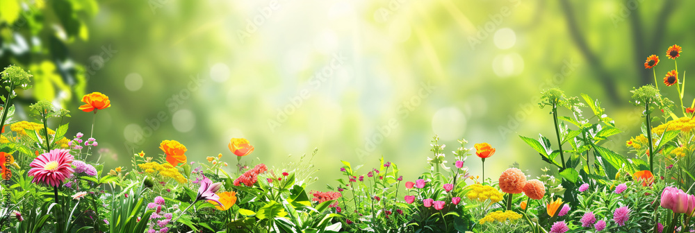 Sunlit Garden with Vibrant Flowers and Greenery Wide Panoramic Background