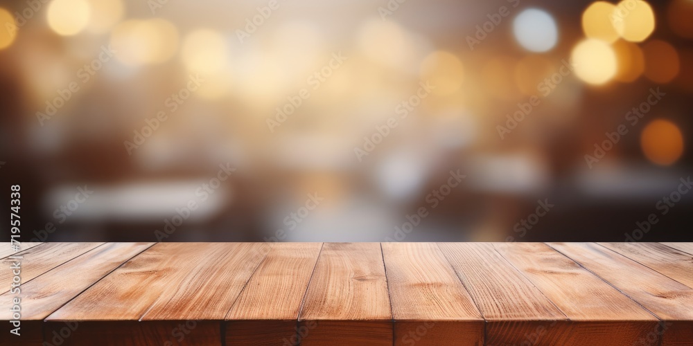 Empty wooden board on coffee shop table top, background blurred. Used for product display.