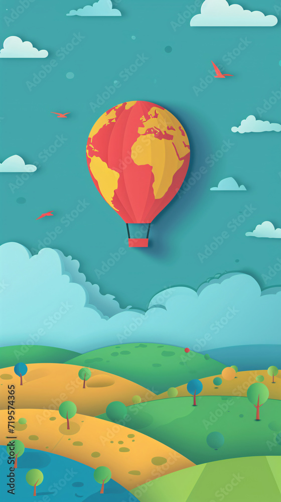 Colorful Hot Air Balloon Over Stylized Paper Craft Geography Landscape