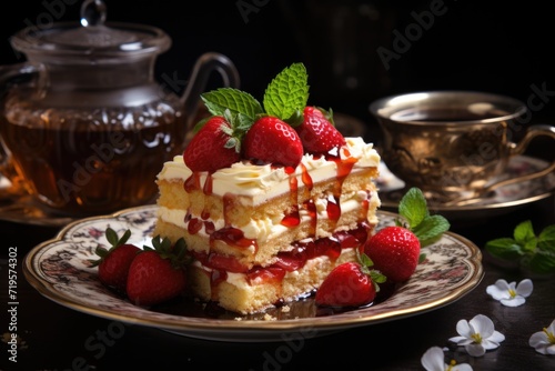 A slice of cake with cream and fresh red strawberries inside the plate with tea in, generative IA