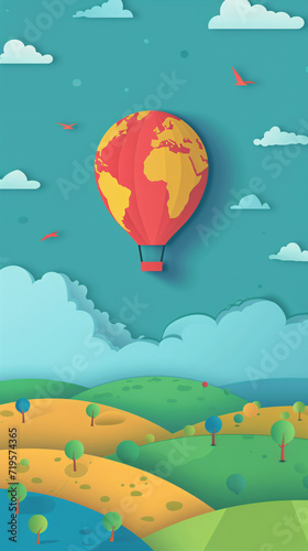 Colorful Hot Air Balloon Over Stylized Paper Craft Geography Landscape