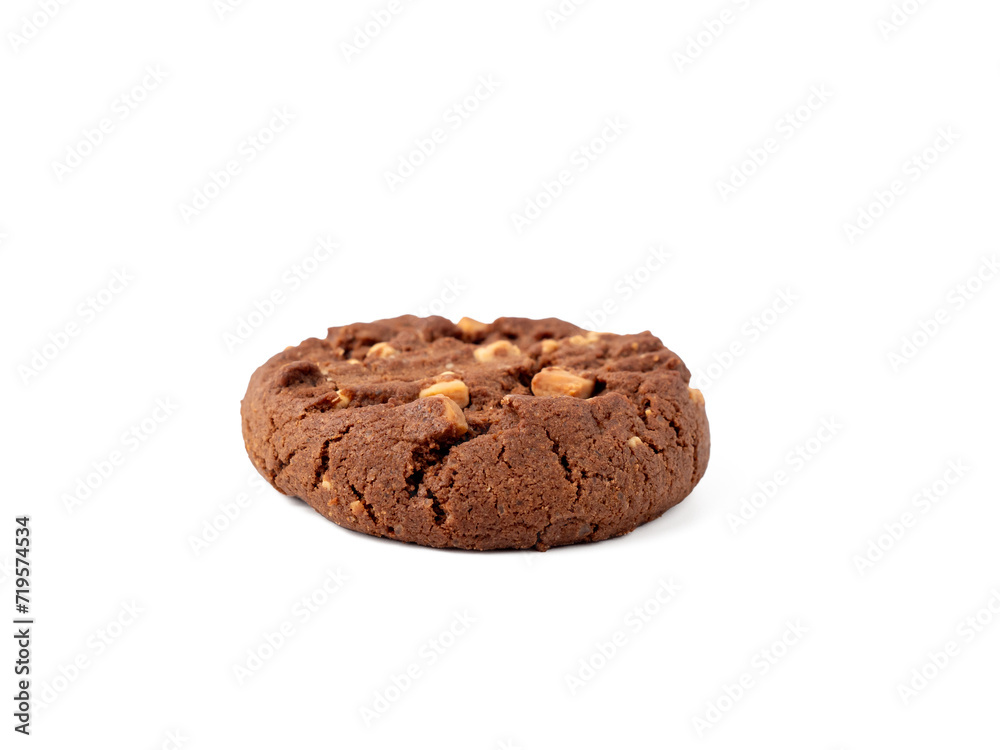 Chocolatey, rich cookies with contrasting white chocolate chips, professionally photographed on a pure white. Cookies with white chocolate close-up.