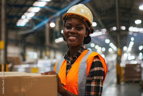 A smiling dark-skinned female worker wearing an orange vest and safety helmet and holding a package in a modern warehouse photo