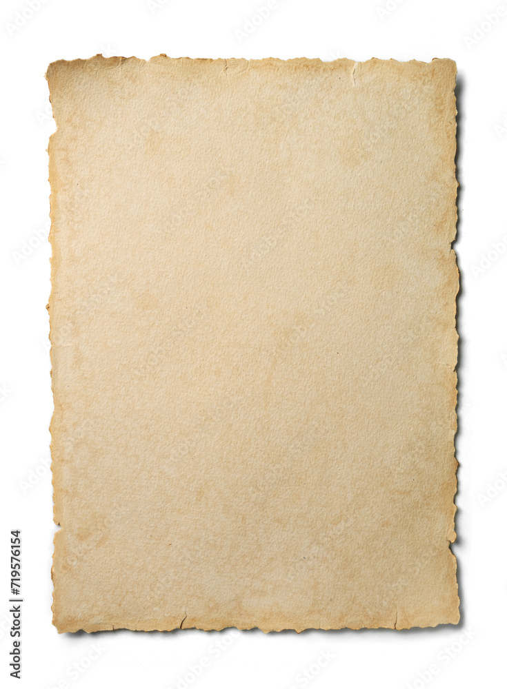 Antique paper isolated on a white background. Old manuscript with torn edges.