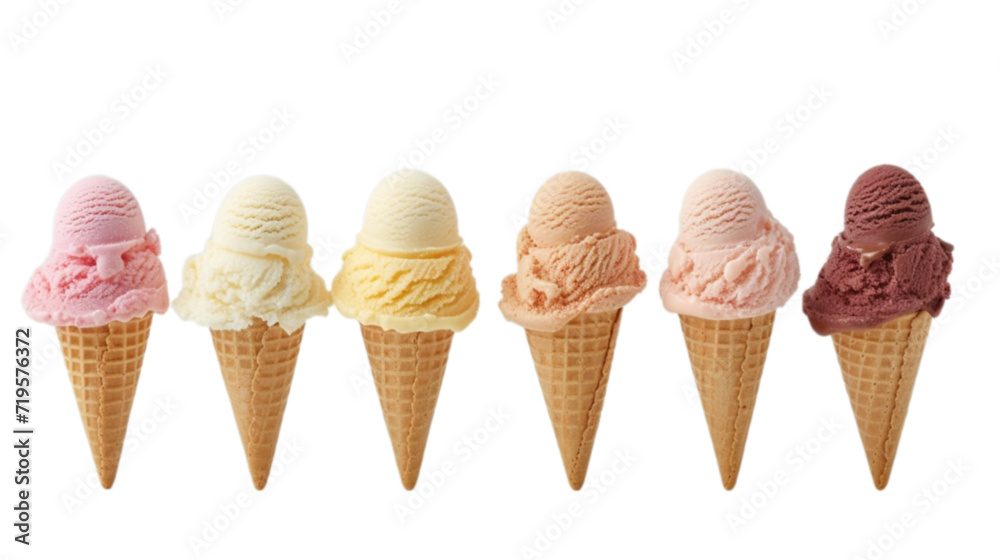 Colorful ice cream cone set mockup in 3d without backoground png for decoration. Created using generative AI. Colorful ice cream cone set mockup in 3d without backoground png for decoration. Created using generative AI.