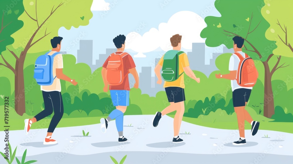 illustration of some people rucking in the park, running backpack on the back and doing fitness in sport clothes