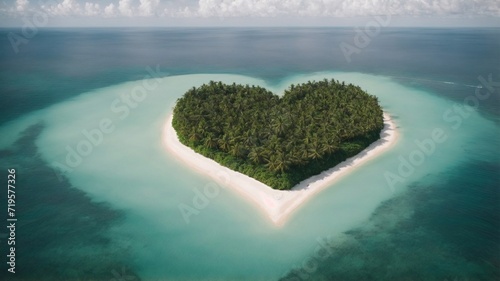 Heart shaped tropical island, a paradise with amazing palm trees on a white sand beach. Drone shot of a heart shaped tropical palm island in the ocean. Generative AI 
