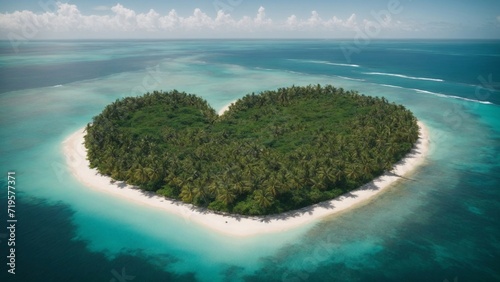 Heart shaped tropical island, a paradise with amazing palm trees on a white sand beach. Drone shot of a heart shaped tropical palm island in the ocean. Generative AI
 photo