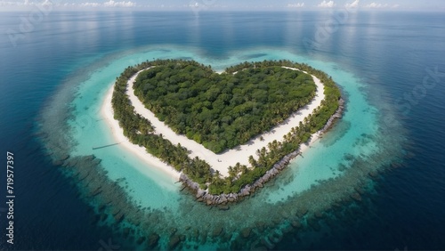 Heart shaped tropical island, a paradise with amazing palm trees on a white sand beach. Drone shot of a heart shaped tropical palm island in the ocean. Generative AI  © Sanita