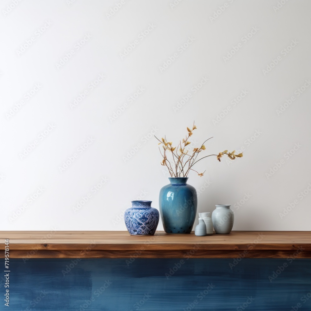 Empty wooden indigo table over white wall background - obrazy, fototapety, plakaty 
