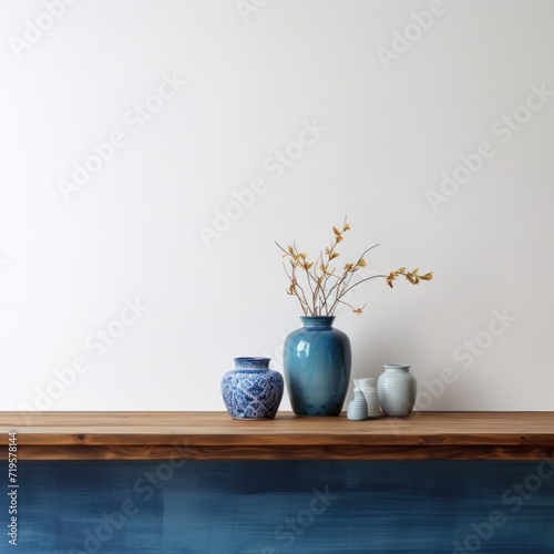 Empty wooden indigo table over white wall background photo