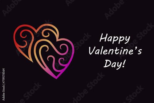 Dark black Happy Valentine's Day card background with two joined hearts ornament.