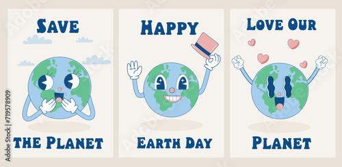 Earth Day illustration in trendy retro cartoon style. Funny vector illustration of planet Earth. A set of posters with illustrations for World Environment Day.