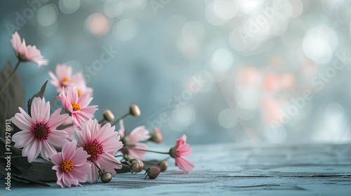 Cosmea pink blüten in kleinem Strauss liegen auf grauer Oberfläche. Bokeh grau, pink Backdrop, Platz für text. 