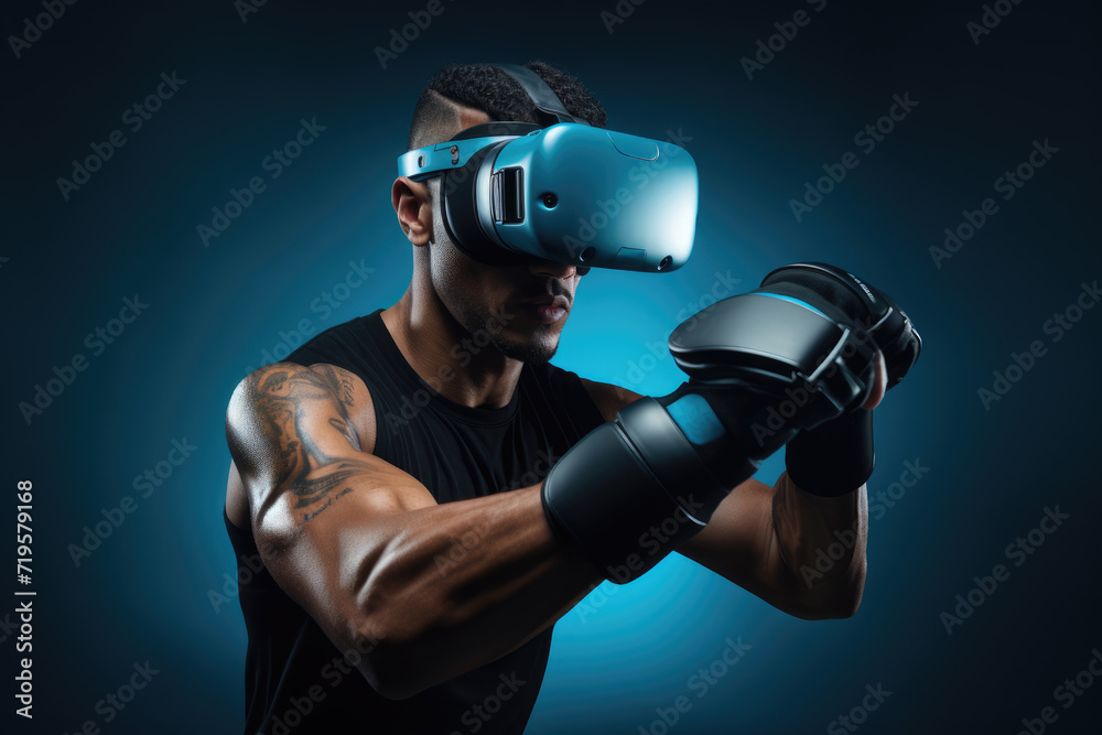 athletic man with boxing gloves is fully engaged in a virtual reality boxing session, his stance ready and determined