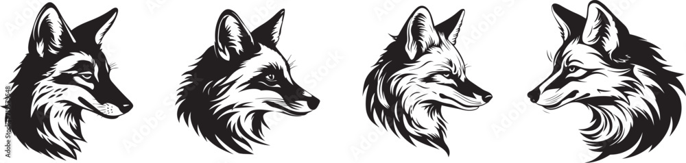 set of fox profile vector grpahics black and white