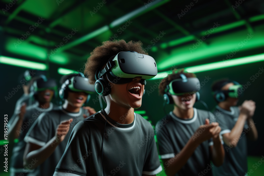 In a futuristic gaming environment, a group of kids, with bright smiles and laughter, are deeply immersed in a virtual reality experience In a futuristic gaming environment, a group of kids, with bright smiles and laughter, are deeply immersed in a virtual reality experience