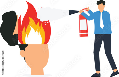 Mentorship or support to help employee burnout and fatigue or overworked, People management or brain cooling down to reduce anxiety, Businessman put fire extinguisher on his burnout colleagues concept