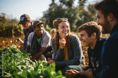 group of young students, diverse in ethnicity, gather in a garden, learning about sustainable farming and the beauty of growing their own food