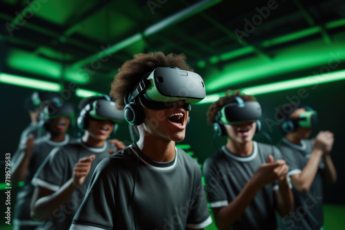In a futuristic gaming environment, a group of kids, with bright smiles and laughter, are deeply immersed in a virtual reality experience
