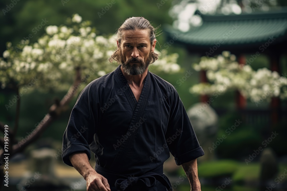 Obraz premium seasoned martial art man stands confidently in traditional attire, poised and calm in a tranquil garden setting