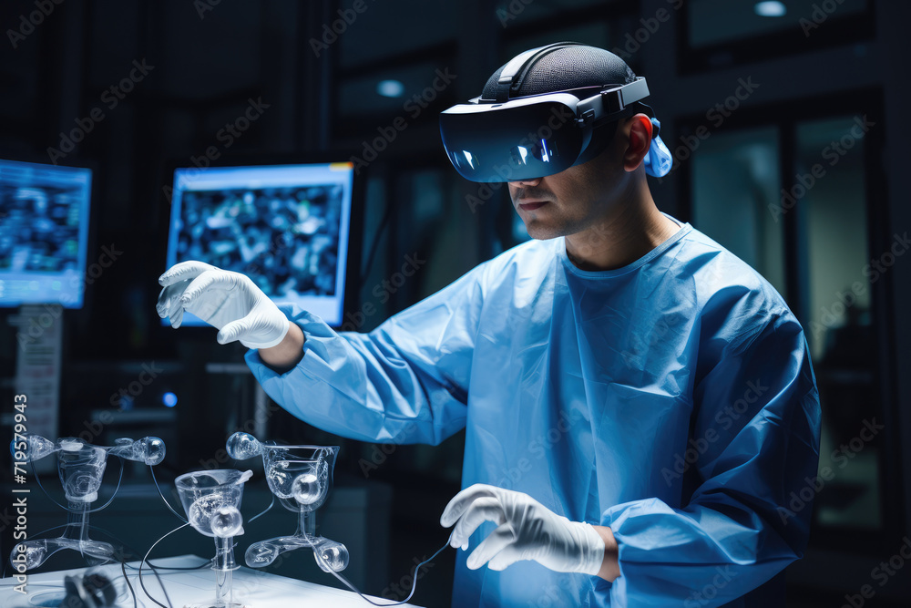 surgeon in blue scrubs and VR headset performs a meticulous virtual ...