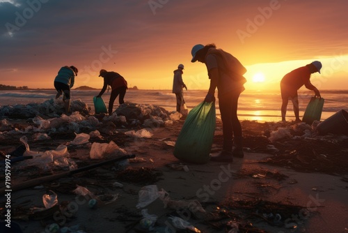 Volunteers gather to remove trash from a beach at sunset, reflecting a community's commitment to environmental stewardship and the beauty of collective action