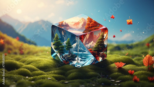 landscape with lake and mountains in ice cube  landscape with lake and mountains in water cube  photo