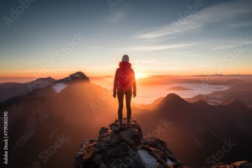 A silhouette of a woman in hiking clothes on top of a mountain looking at the horizon at sunset