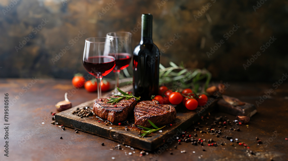 Grilled beef steak in shape of heart for Valentines day on a black background top view with copy space