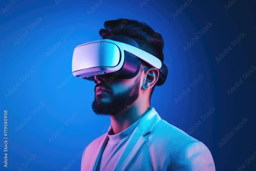 young man with a beard and modern hairstyle is engrossed in a virtual reality experience, highlighted by vibrant blue tones young man with a beard and modern hairstyle is engrossed in a virtual reality experience, highlighted by vibrant blue tones
