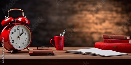 Red Desktop, Red telephone and Red clock on wooden table with notebook, photo