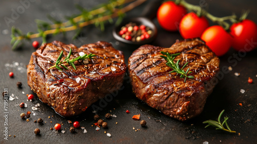 Two juicy grilled beef steak, herbs and spices in shape of heart for Valentines day for a romantic meal On a black stone background.