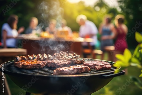 Meat being grilled on a barbecue in a garden at a backyard party