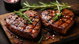 Two juicy grilled beef steak, herbs and spices in shape of heart for Valentines day for a romantic meal On a black stone background.
