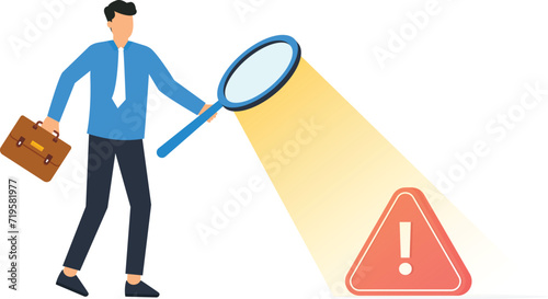 Incident management and root cause analysis or solving problem, identify risk or critical failure, Businessman with magnifier monitor and investigate incident with exclamation attention sign concept,
