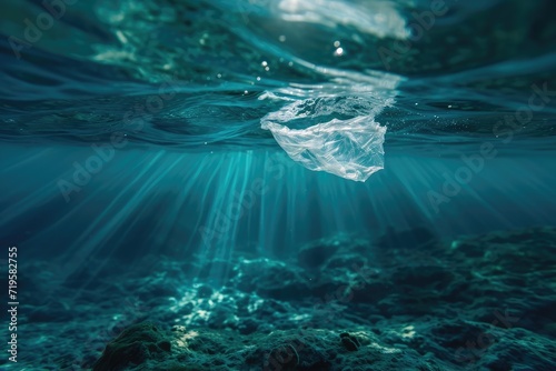 An underwater photography of a plastic bag floating in the ocean, pollution, ocean sustainability