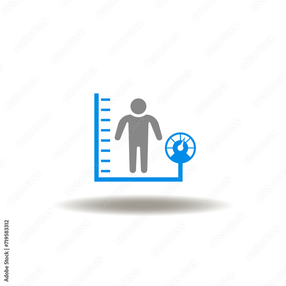 Vector illustration of human with weigher and ruler or measuring tape. Icon of BMI Body Mass Index. Symbol of weight control. Vector illustration of human with weigher and ruler or measuring tape. Icon of BMI Body Mass Index. Symbol of weight control.