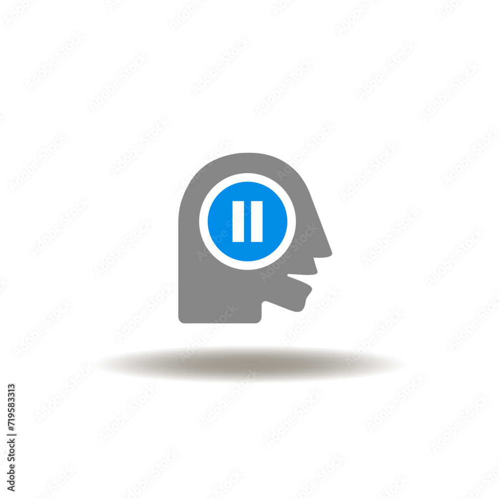 Vector illustration of head human with pause sign. Icon of brain work pause or breaking. Symbol of need for rest. Vector illustration of head human with pause sign. Icon of brain work pause or breaking. Symbol of need for rest.