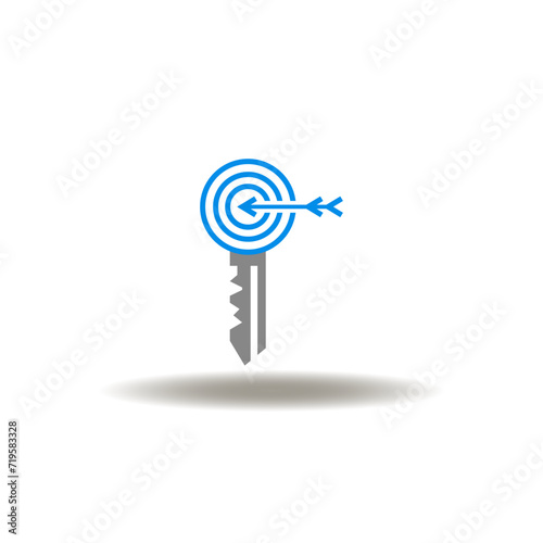 Vector illustration of key with target. Icon of key points.