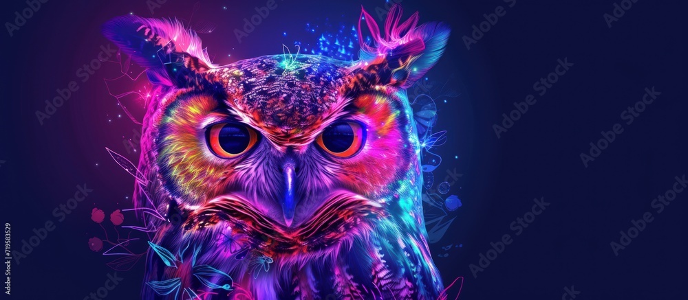 Portrait owl night bird animal in style pop art vibrant color on dark blue background. Generated AI