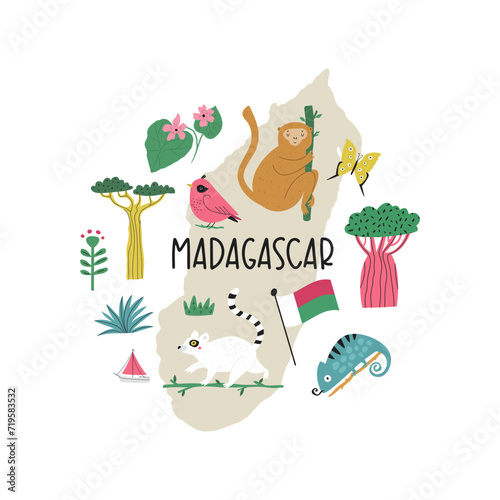 Colorful image  frame art with animals  landmarks  symbols of Madagascar island