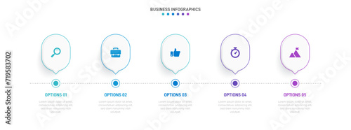 Timeline infographic with infochart. Modern presentation template with 5 spets for business process. Website template on white background for concept modern design. Horizontal layout.