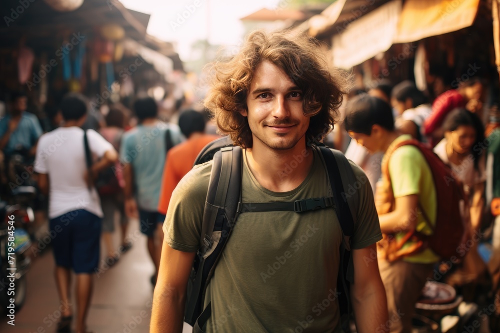 A young man traveling wearing a backpack at a market in Southeast Asia A young man traveling wearing a backpack at a market in Southeast Asia