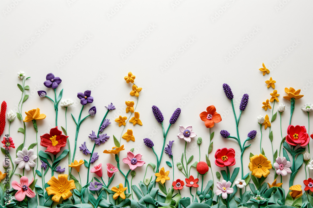 Colorful flowers on a white background. Plasticine art style. Flat lay composition with copy space. Spring holidays. Design for banner, greeting card, invitation Colorful flowers on a white background. Plasticine art style. Flat lay composition with copy space. Spring holidays. Design for banner, greeting card, invitation